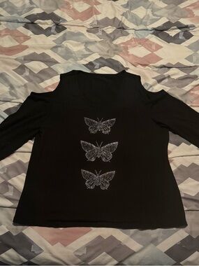 Black Cold-Shoulder Top with Rhinestone Butterfly Accent